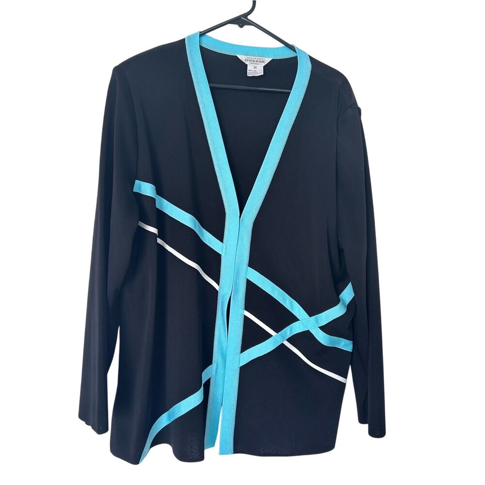 Misook Women’s Black Cardigan with Bright Abstract Turquoise Trim Size 2X